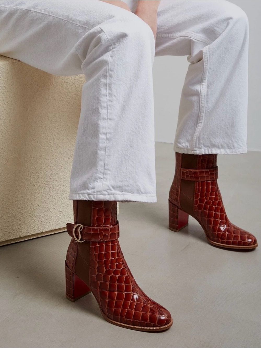 CHRISTIAN LOUBOUTIN CL Calf Boots Chelsea 70 Croc Embossed Leather EU 39 US 9
